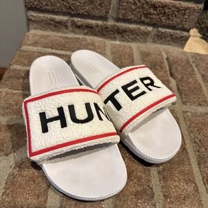 Hunter Terry Toweling Logo Adjustable Slides White Sandals Size 9 #151